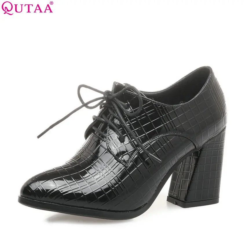 

QUTAA 2018 Women Pumps Square High Heel Fashion Lace Up Synthetic Women Shoes Pointed Toe Spring/ Autumn Ladies Pumps Szie 34-43