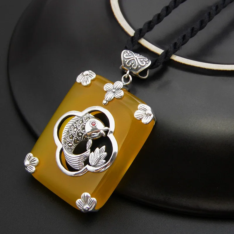 

FNJ 925 Silver Fish Pendant Square Natural Yellow Stone 100% Real S925 Solid Original Silver Pendants for Women Jewelry Making