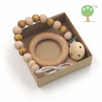 NIB Natural wooden soother clip,15mm beech wood beads dummy chain wooden round teether ring, pacifier clip baby gift set NTS139