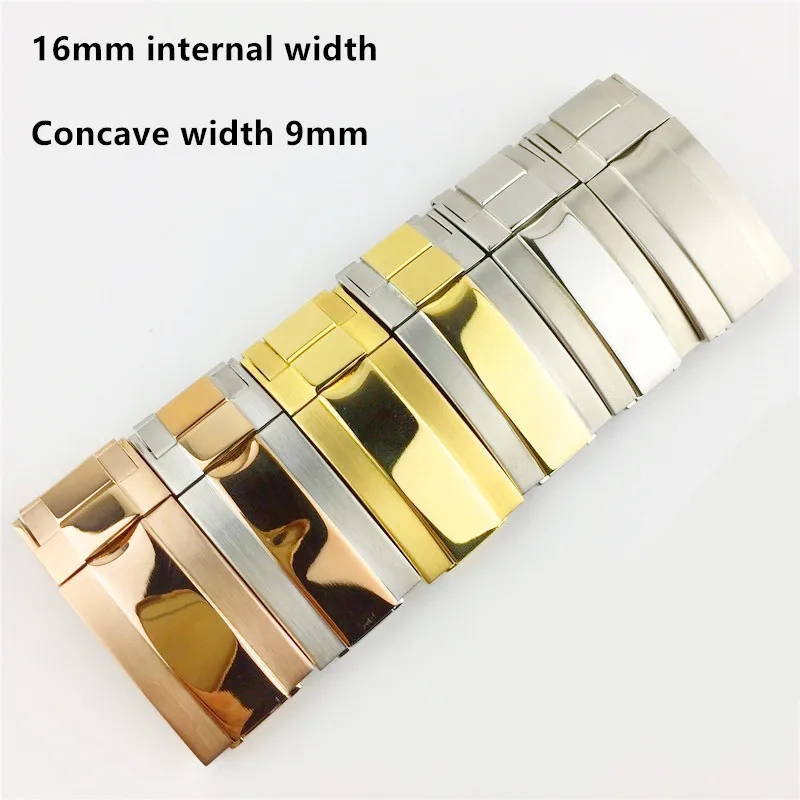 

16 * 9mm Stainless Steel Watch Band Folding Buckle Glide Lock Clasp Steel For Rol submariner Bracelet Rubber Leather Strap Belt