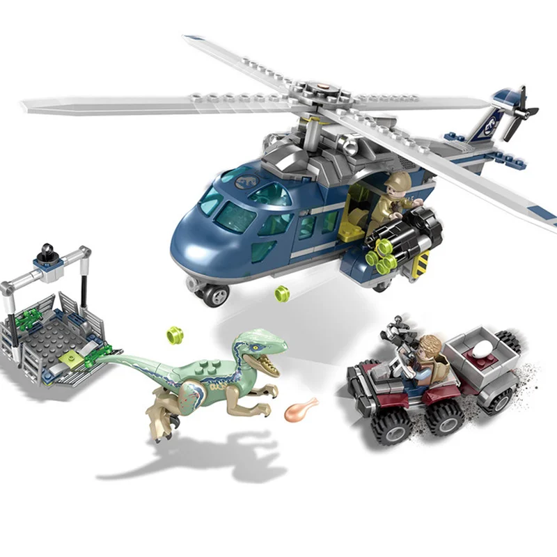 

Jurassic World 2 Dinosaur Velociraptor Blue Helicopter Pursuit Building Blocks Legoings Dinosaur Figures Bricks Toys 75928 Model