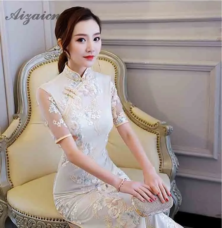 Чонсам Чино, vestido Qipao vestido bordado de encaje de color rosa Qi Pao Chinoies tradicionales vestidos de las mujeres