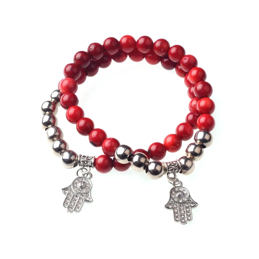 8 мм натуральный камень браслеты для женщин Хамса рука красный коралл эластичный браслет талисманы амулет ювелирные изделия