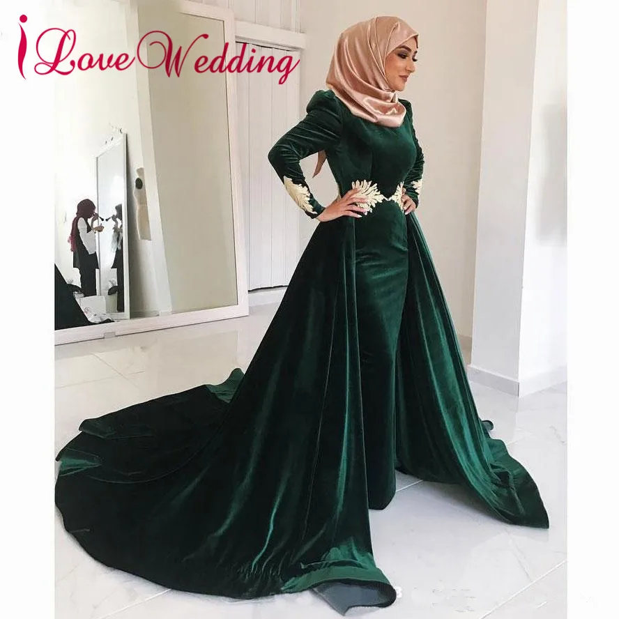 Special Offer Robe De Soiree Long Sleeves Green Velour Custom Made A Line Formal Long Evening Dresses For Women Party Gown September 2020