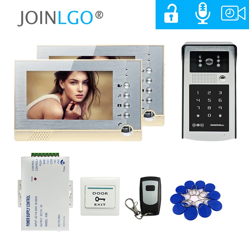 FREE SHIPPING New 7\ LCD Screen Recorder Video Intercom Door Phone Kit Waterproof RFID Keypad Doorbell Camera 2 Monitors + 8G SD