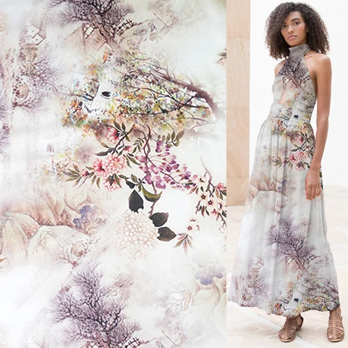 

Pure silk organza satin silk fabric China style design floral print,SOZ137