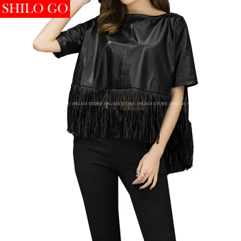 

SHILO GO New Fashion Street Women's O-Neck Batwing short sleeve Sheepskin Genuine Leather short blouse Ladies Concise blouse