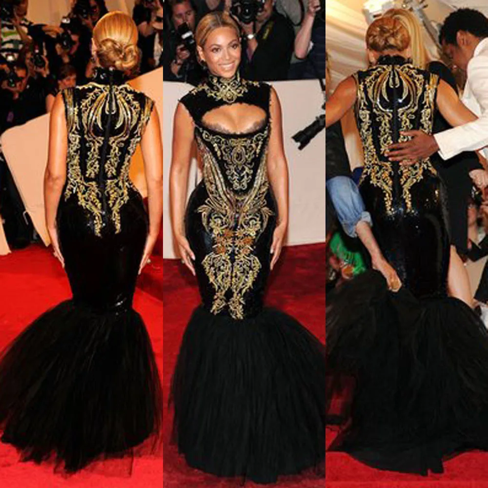 Beyonce Red Carpet High Collar Sleeveless Keyhole Embroidered Applique  Mermaid Black Celebrity Dress|dress up butterfly wings|dress for men  weddingappliques furniture - AliExpress