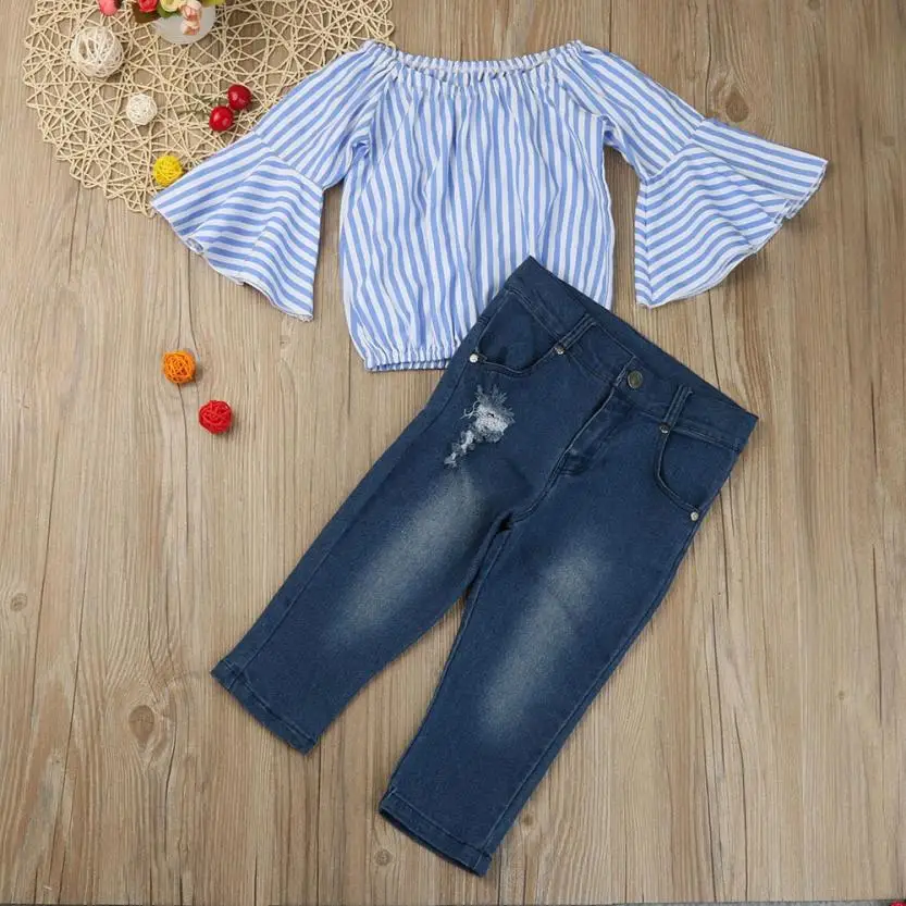 

NEW stylish Toddler Baby Girl Off Shoulder Stripe T Shirt Top Jeans Pants Outfit Clothes Set cool bebe suits fashion July26