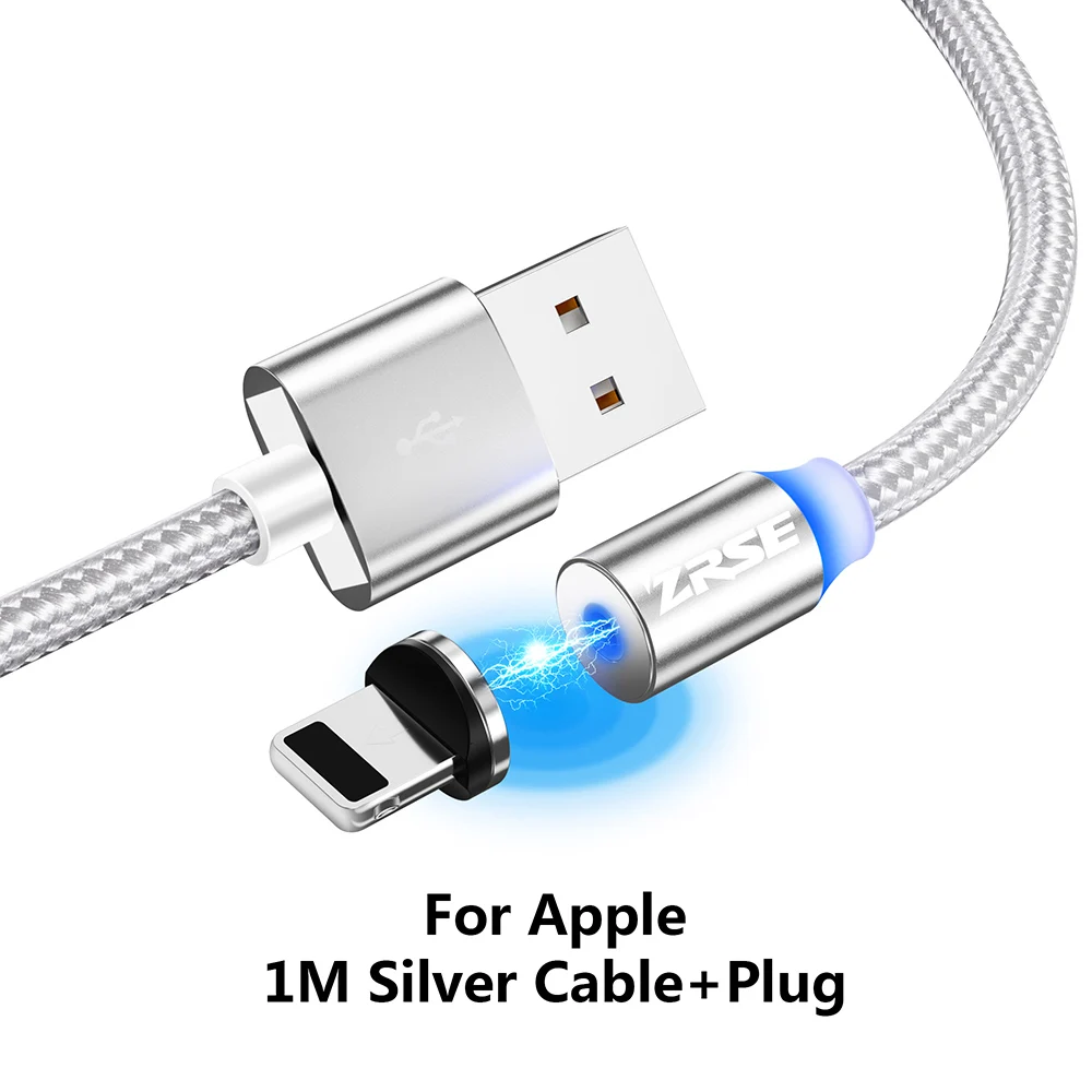 ZRSE Магнитный Micro USB кабель для iPhone XS Max XR X 8 7 Plus type C кабели 3 в 1 светодиодный USB-C мобильный провод для зарядного устройства для Redmi - Цвет: Silver for Apple