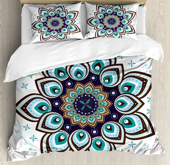 

Mandala Duvet Cover Set Boho Lotus Flower Stylized Microcosm Motif Unique Retro Spiritual Theme Bedding Set Purple Teal Brown