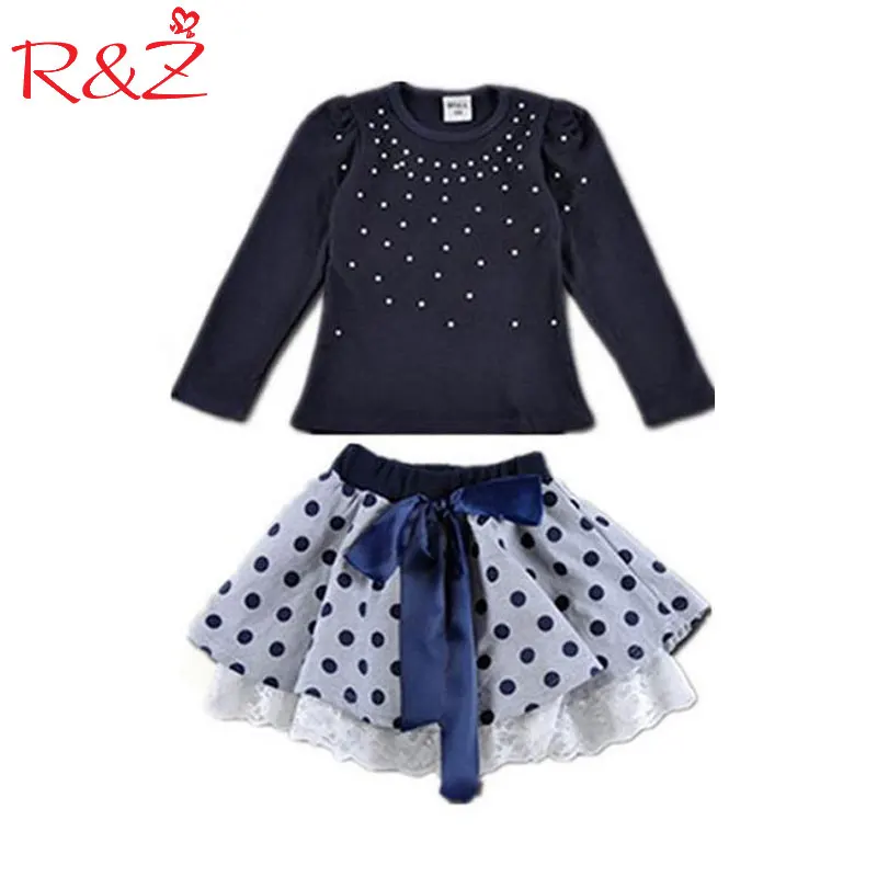

R&Z Girls' suits 2019 New arrival Autumn girls T-shirt + skirt 2pcs clothing Diamond dot bow dress children's skirt suit k1