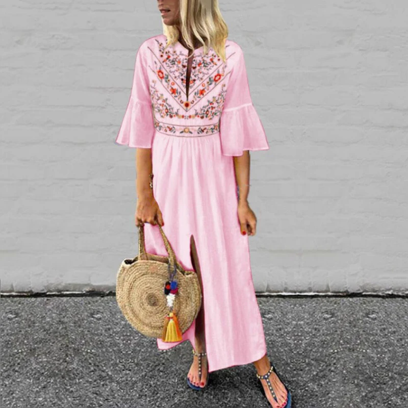 

Women Printed Long Dress Half Sleeve Split Boho Loose Casual Ethnic Style Party