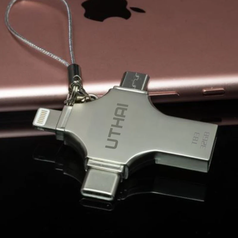 USB флеш накопитель UTHAI T83 4 в 1 Type c/Lightning/Micro USB/USB 2 0 для iPhone 7 Plus 6 5 металлический 64 ГБ 32