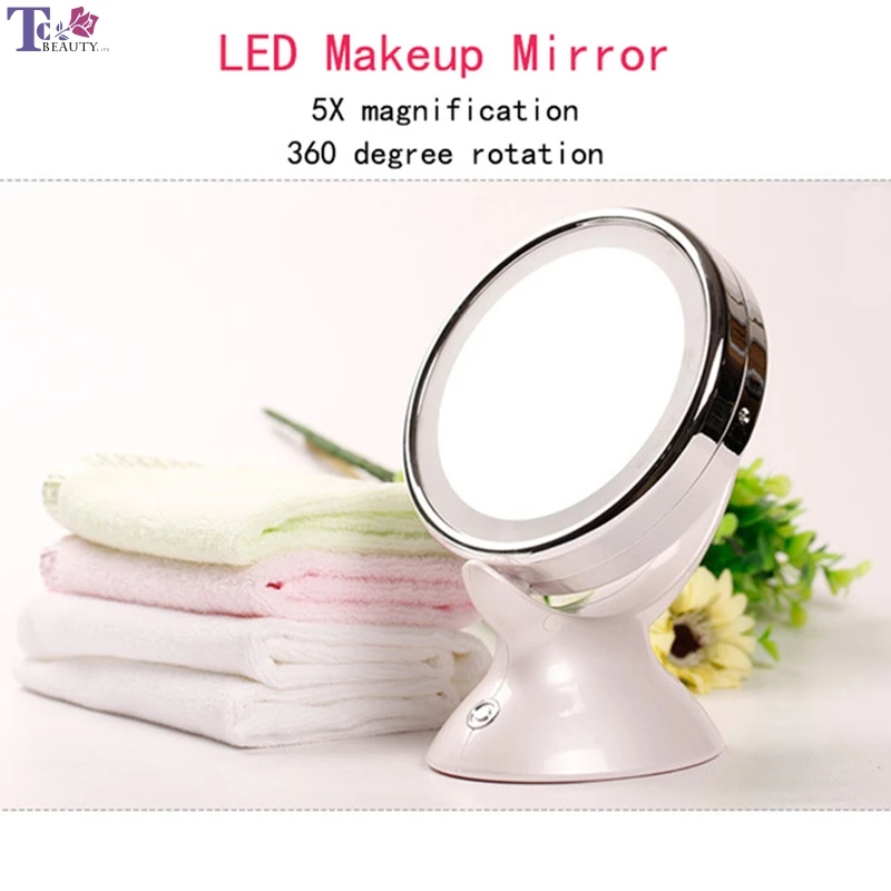 

5X Makeup Mirror LED with Lamp Desktop Double-sided Magnification ABS Gold-plated 360-degree Rotating Soft Light Beauty Mirror
