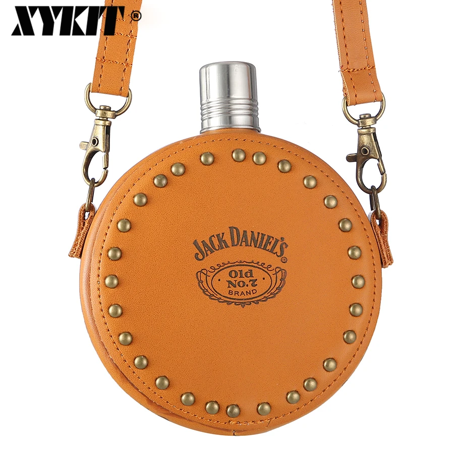 

XYKIT 8oz Luxurious Leather Round Shape Hip Flask New Mini Pocket Flask Classical Pattern Flask Great Flask For Man