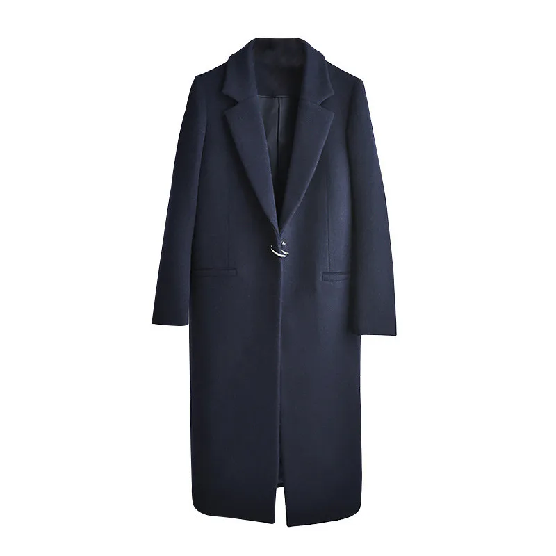Зимнее теплое длинное женское Шерстяное Пальто с длинным рукавом, с отворотом, шерстяное пальто с большим карманом, верхняя одежда, пальто, женское повседневное свободное темно-синие пальто