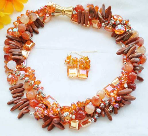 

Perfect Women Birthday Gift Jewellery Set,4 Strands 21inches Red Jades Agates Glisten Crystals Necklace Earrings
