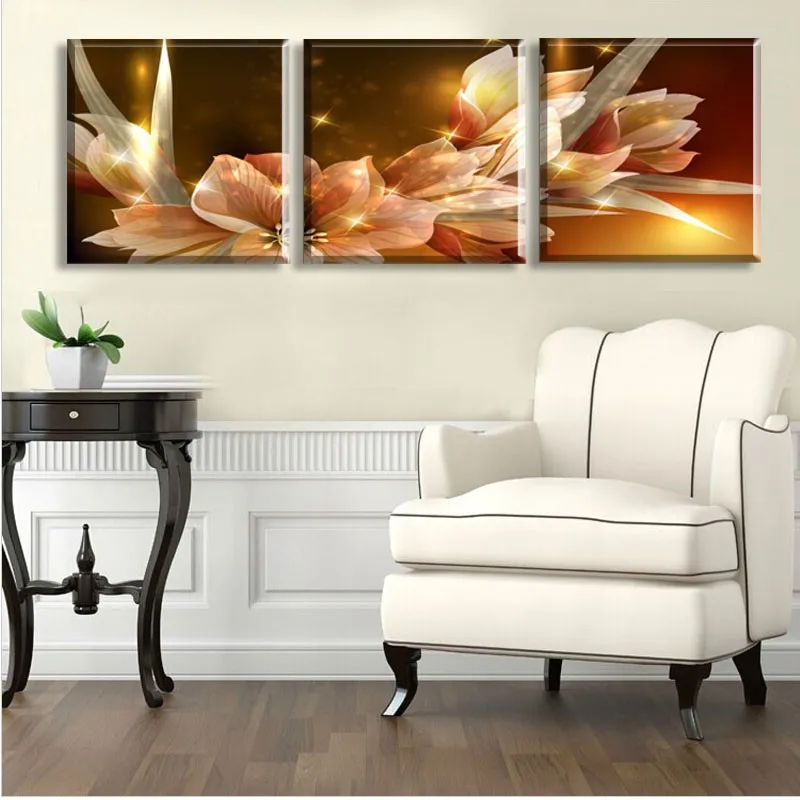 

Customized Unframed 3 Panels Abstract Modern Wall Painting Gold Flower Home Decorative Art Picture Paint on Canvas Prints