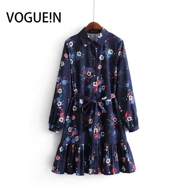 

VOGUEIN New Womens Navy Lapel Floral Print Long Sleeve Mini Shirt Dress Wholesale