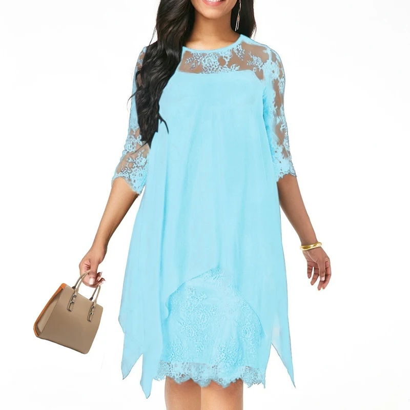 Дизайн женское шифоновое платье с асимметричным подолом и круглым вырезом Женские однотонные элегантные кружевные свободные платья с коротким рукавом - Цвет: Небесно-голубой
