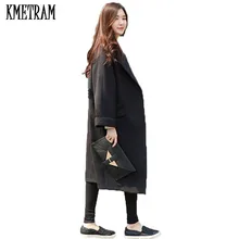 Новое пальто из плотной шерсти женский кардиган пальто с отложным воротником Длинная зимняя куртка женская одежда черное шерстяное пальто WUJ1030