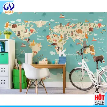 

2018 Mural children's room wallpaper world map wallpaper cartoon animal boy bedroom wall cloth DZAS-CX non-woven Fabric mural