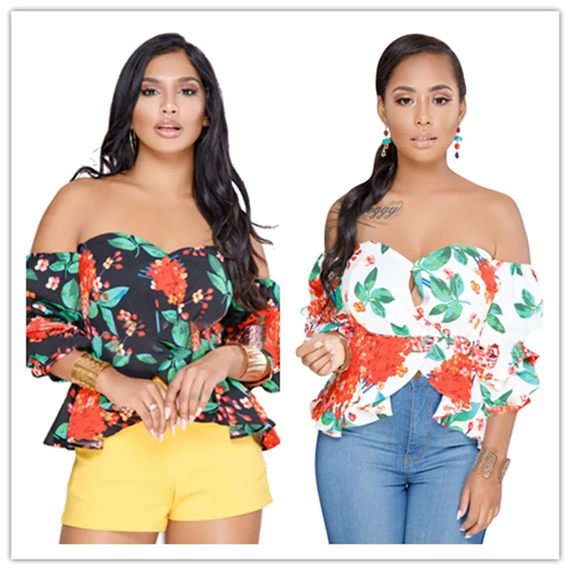 

Women Sexy Ruffles Off Shoulder Floral Print T-Shirt Comfy Casual Tops