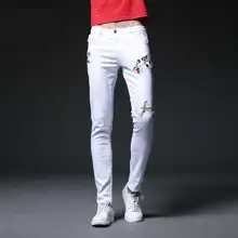 Товары для птиц Вышивка белый карандаш Брюки для девочек Для мужчин Slim Fit Хлопок Высокое качество Длинные Мотобрюки Прохладный уличной моды