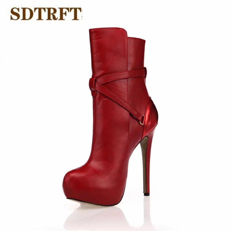 SDTRFT Spring Autumn platforms Stilettos 14cm thin heels Ankle martin boots Red Buckle wedding shoes Woman Botas Round Toe pumps | Обувь