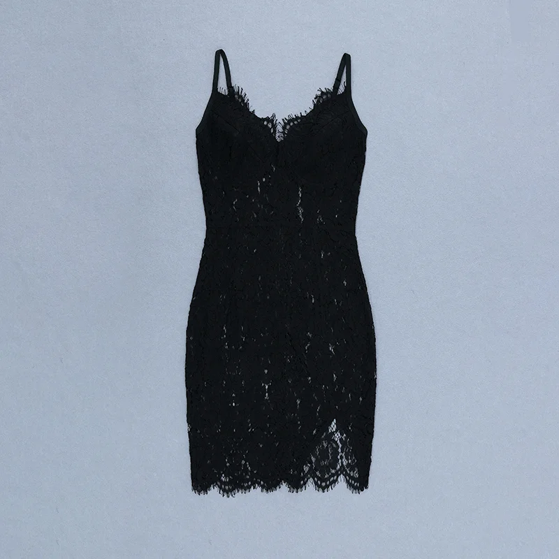 Женское вечернее платье на бретельках черное кружевное Бандажное с v образным