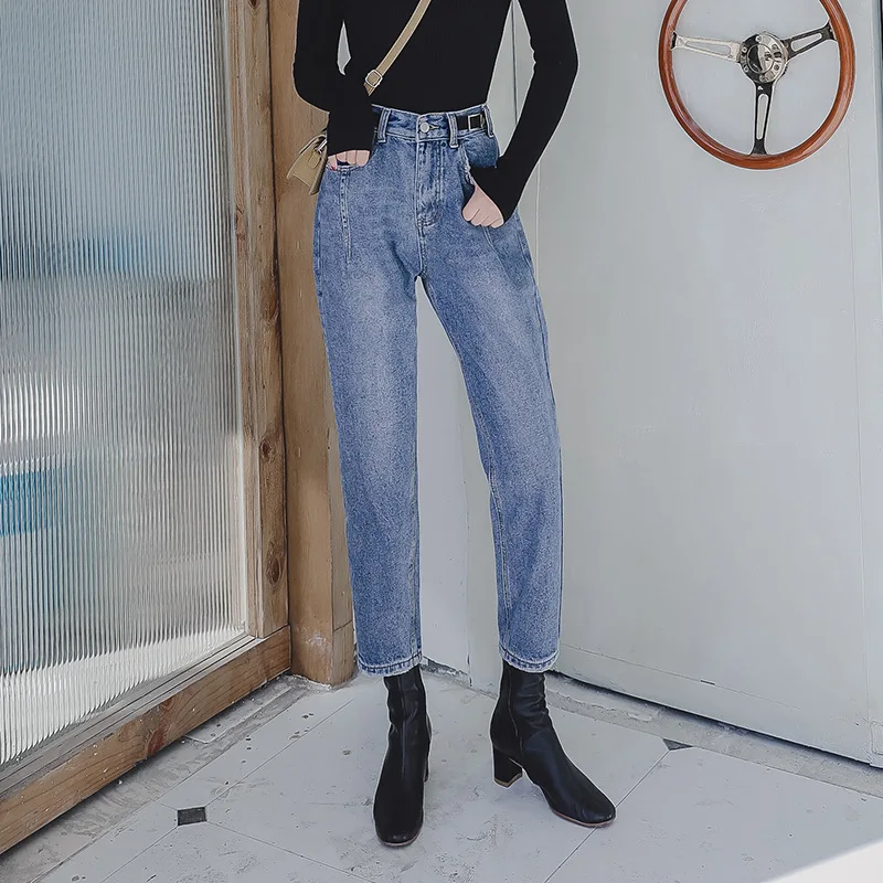

HXJJPSpring Daddy Pants Light Bluewomen's Jeans High-waisted Hallen Full Length Cotton Jeans Girl