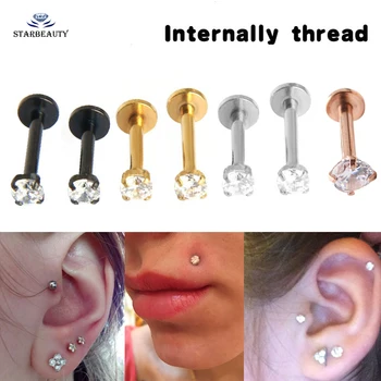 1Pc Titanium Rose Gold Labret Lip Ring Zircon Anodized Internally Threaded Prong Gem Monroe 16G Tragus Helix Ear Piercing