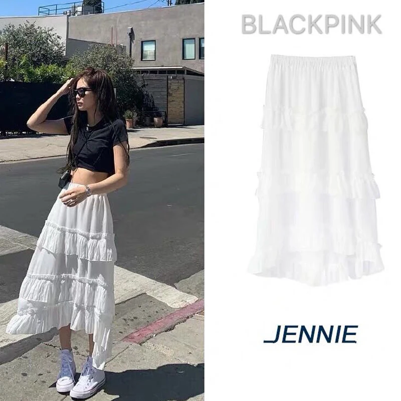 

kpop BLACKPINK JENNIE the same White Super sweet Fairy dress summer kawaii elegant dress women streetwear tshirt dresses clothes
