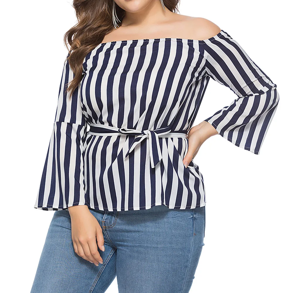 2019 Women Summer Blouses Blue Striped Off Shoulder Waist Tie Long Sleeve Casual Shirts Tunics Plus Size Tops Blusas Femininas |