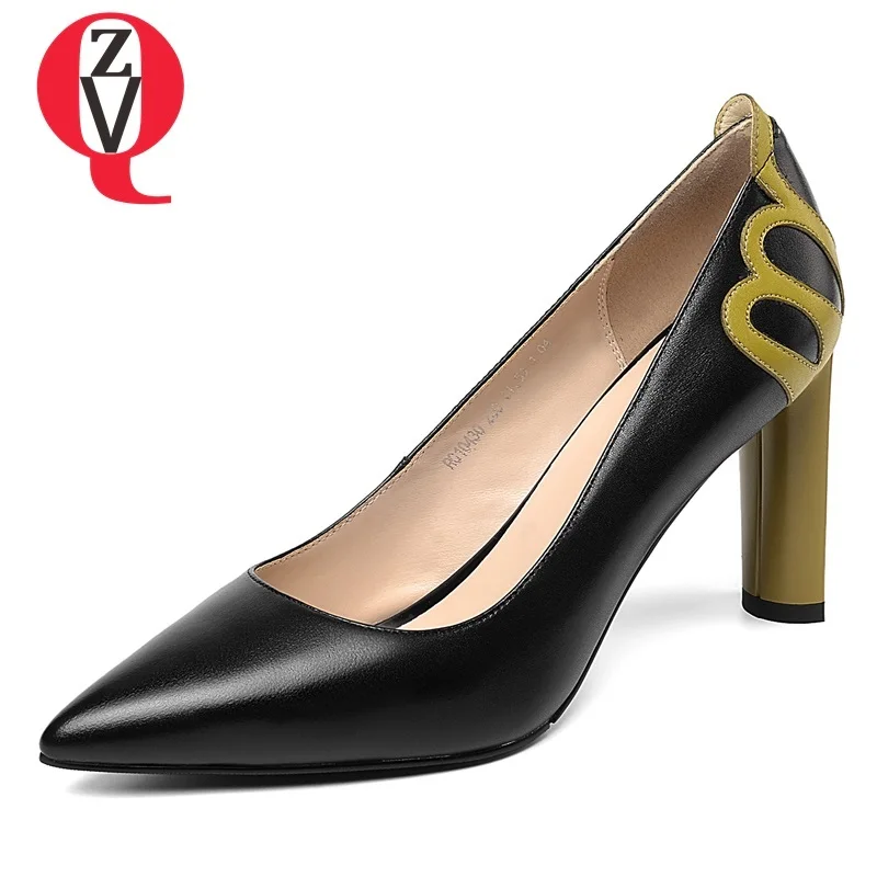 

ZVQ spring new fashion handmade genuine leather shoes woman super high heels pointed toe shallow party two colors women pumps