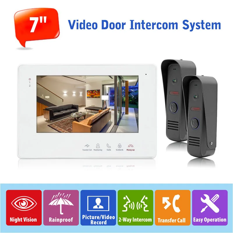 2v1 Wired Doorbell Intercom System English/Russian 7" Touch Button Monitor Video Doorphone Night Vision Entrance Machine |
