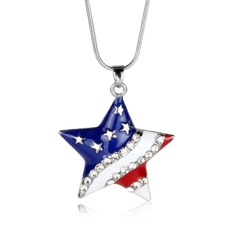 Американский флаг цепочки и ожерелья Эмаль Синий Красный Кристалл горный хрусталь звезды Национальный памятная Подвеска для День