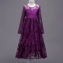 Новые весенние платья в Корейском стиле с длинными рукавами и цветочным узором для девочек фиолетовое, цвета шампанского, красного, зеленого цветов, простое кружевное бальное платье принцессы с круглым вырезом