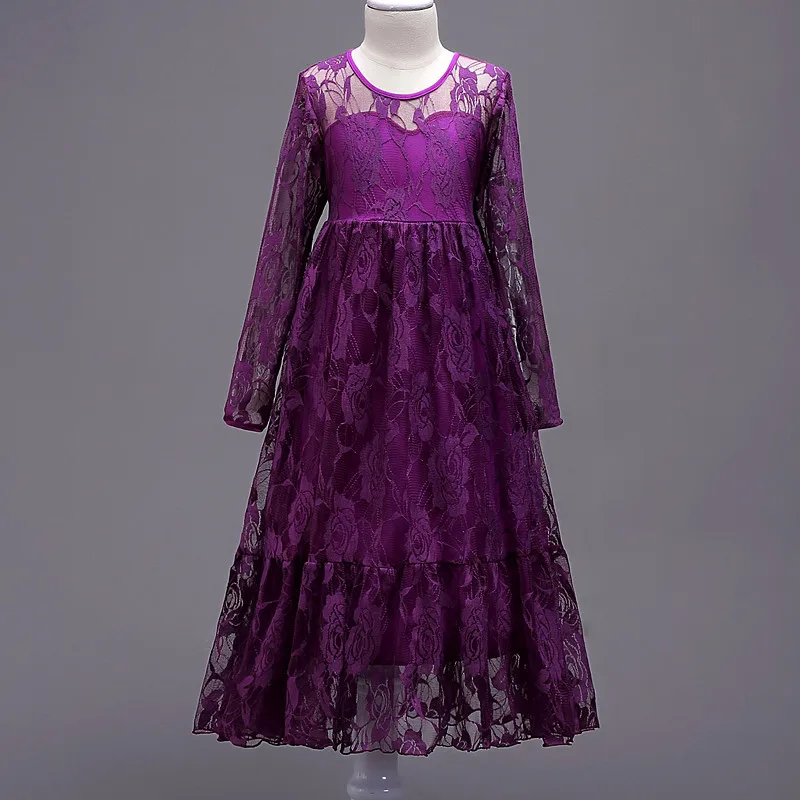 

Spring New Korean Style Long Sleeve Flower Girl Dresses Purple Champagne Red Green Color Simple O-neck Princess Lace Ball Gown