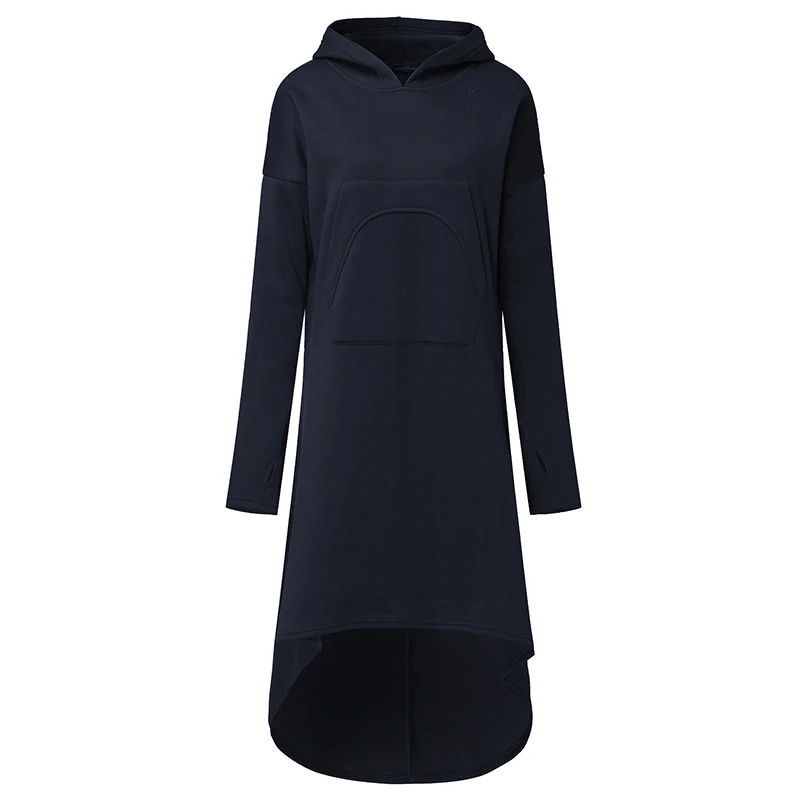 Размера плюс ZANZEA зимний однотонный длинный свитер платье женское повседневное с капюшоном длинным рукавом карманы флис Свободный пуловер Vestido - Цвет: Navy