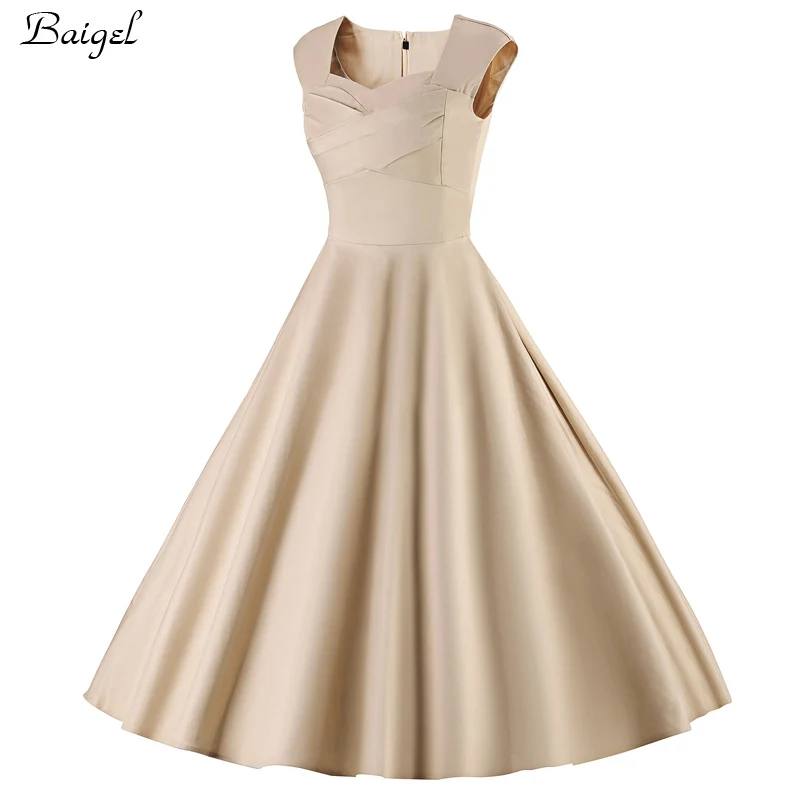 Womens Sleeveless Classic Apricot Summer Dress 50s 60s Audrey Hepburn Retro Style Rockabilly Vintage Cocktail Ball Gown Party Dresses (2)