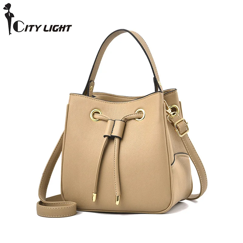 

Women Bags 2019 Fashion PU Leather Handbags Large Capacity Draw String Bucket Bag Female Messenger Shoulder Bag