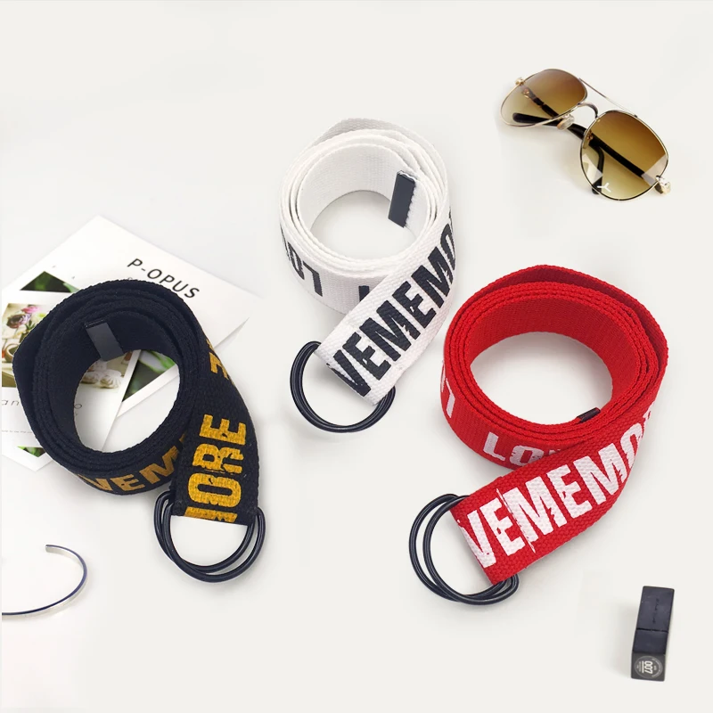 

Belt Harajuku Style Red Letter Printed Fashion Unisex Double D Ring Canvas Strap Long Jeans Belts For Women Men Canvas Belt