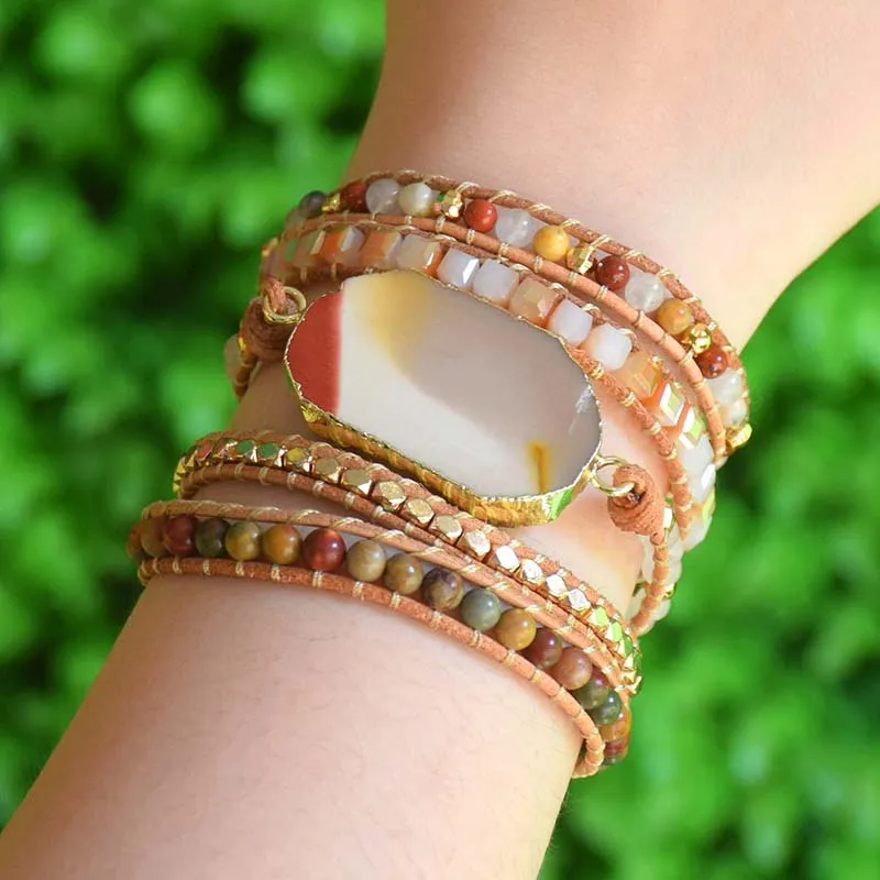 

Natural Stone Bracelet 5 Wraps Handmade Bloodstone Pendant Bracelet For Women Bracelet Dropshipping