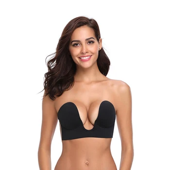 

Women Wire Free Invisible Bra A B C D Black Khaki Push Up Bra Deep U Sticky Self-Adhesive Strapless Bra For Wedding BS029