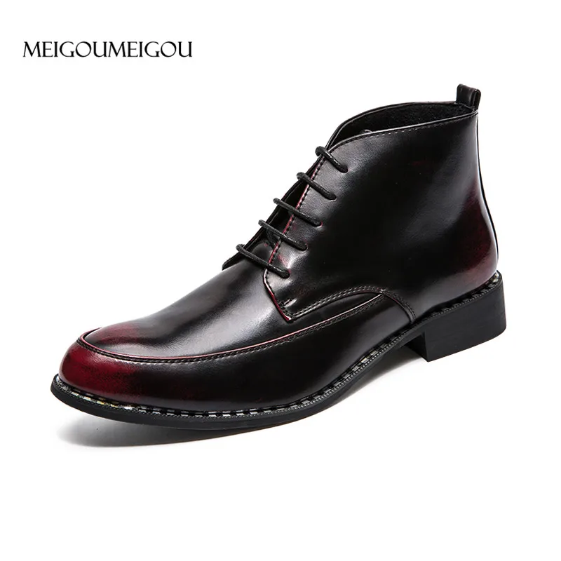 

MEIGOUMEIGOU 2019 Srping Men Boots Pointed Toe Leather Boots Men Lace-up Fashion Design Boots Male Mixed Color Motorcycle Boots