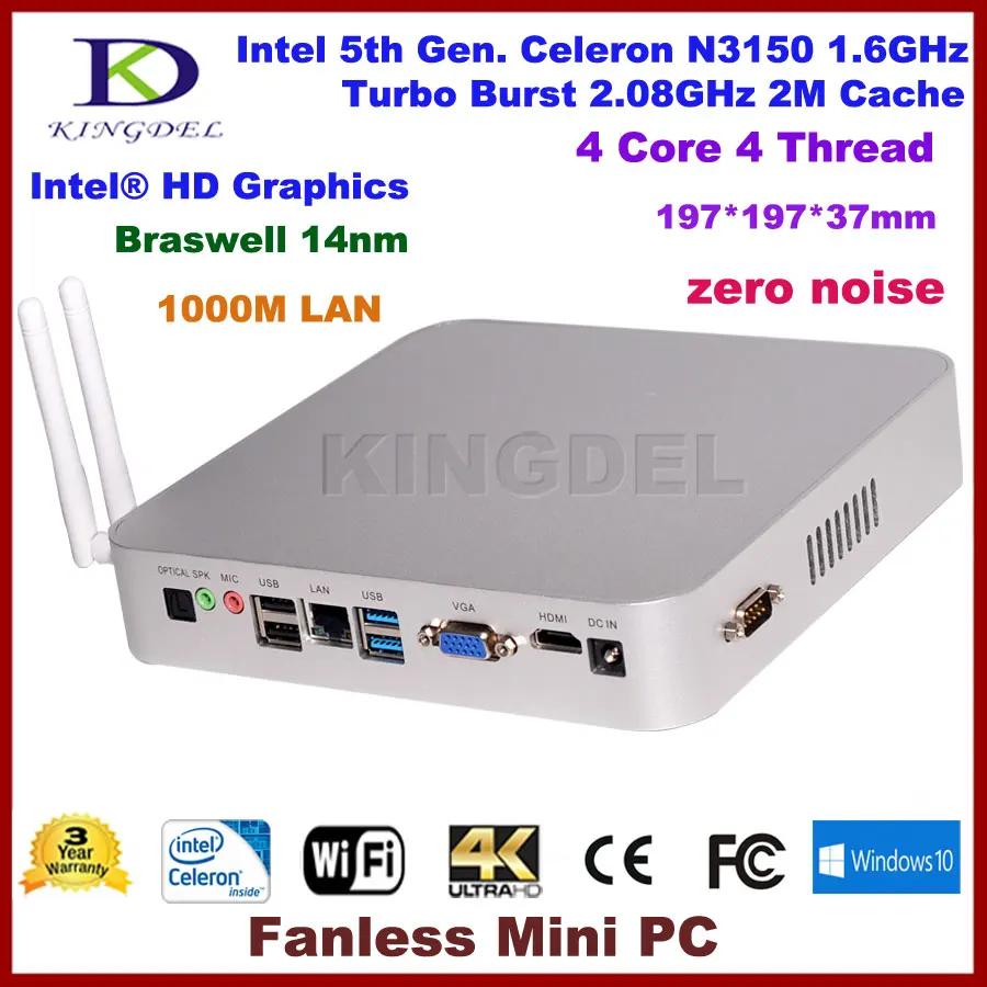 Бесплатная доставка DHL kingdel Intel Celeron n3150 4 ядра Turbo Boost 2.08 ГГц Мини-ПК, настольный компьютер, HTPC, com, HDMI, VGA