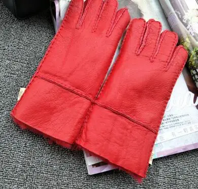 red Женские осенне-зимние Утепленные перчатки с шерстяной подкладкой, женские цельные перчатки из натуральной овчины, кожаные меховые перчатки для вождения R573 - Цвет: red