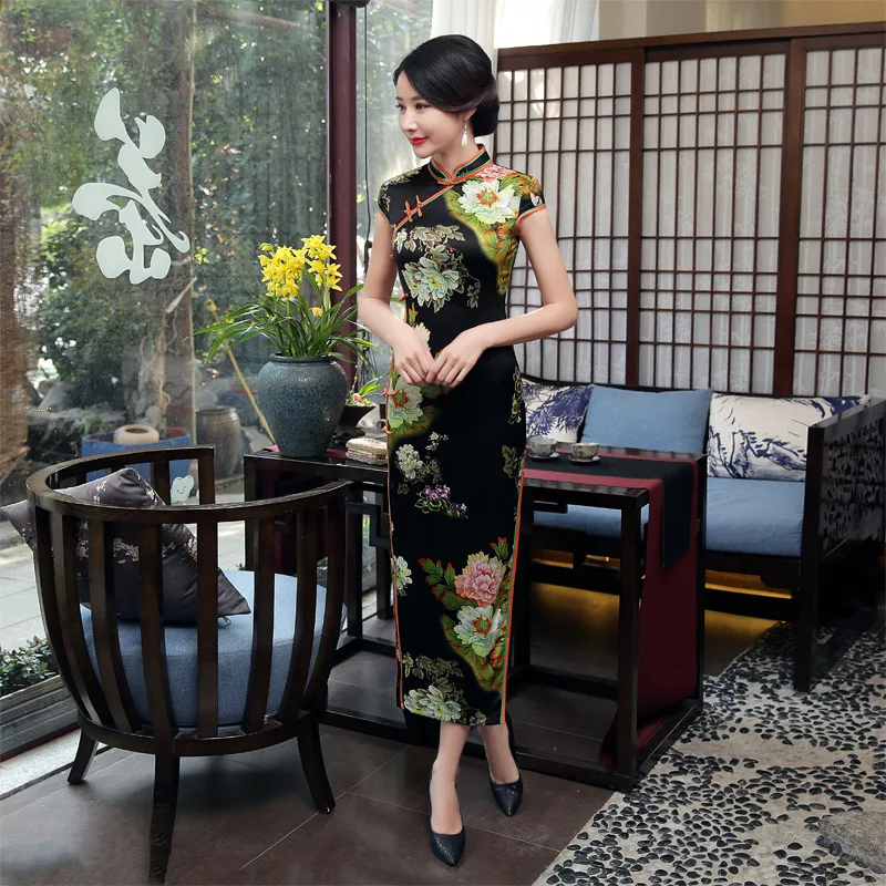 Шэн Коко желтый Qipao платья для женщин цветы Винтаж Cheongsam парчи длинные женские летние печати плотный корсет платье-Ципао 2XL XXXL